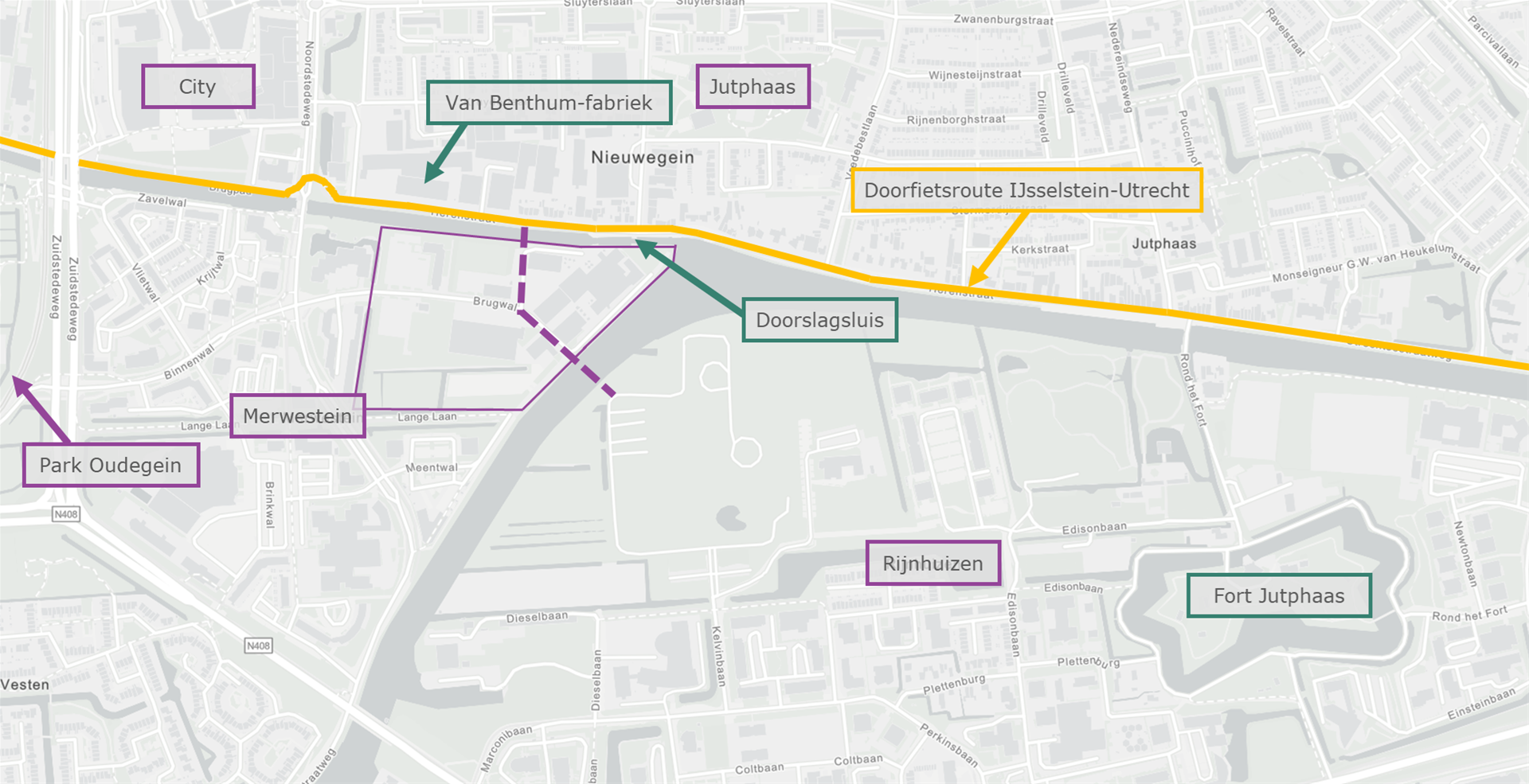 Kaart van gebied rond Zeepfabriek, met City, Van Benthum-fabriek, Jutphaas, Doorfietsroute IJsselstein-Utrecht, Doorslagsluis, Merwestein, Park Oudegein, Rijnhuizen en Fort Jutphaas uitgelicht